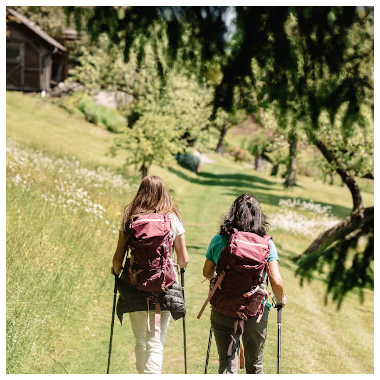 Zwei Personen wandern mit Wanderruckcsack und Wanderstoecke an der Elz entlang in WInden im ELztal neben Bäumen, Wiesen und Waelder.